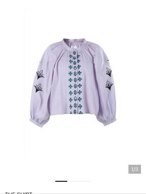 The Shirt by Rochelle Behrens Lavender Peasant Blouse with Teal-Blue Embroidery